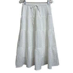Derax Women's Tiered Maxi Skirt Size M White Tie Waist Lined Boho Flowy